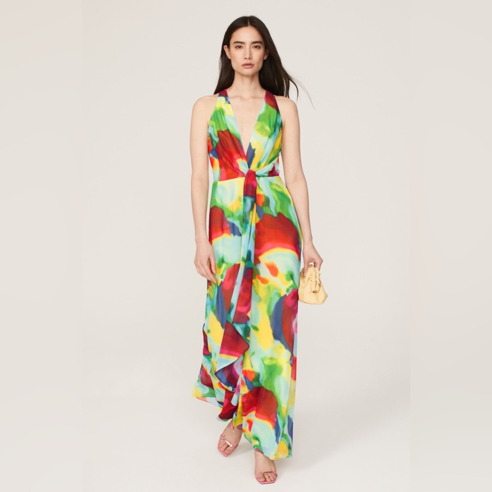 Lauren Ralph‎ Lauren Mekkac Gown 4 Multi Watercolor Chiffon A-Line Flowy Rainbow